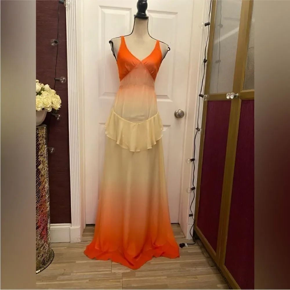 Charlotte Ronson Vibrant Orange and Cream Maxi ombré silk Dress, US2